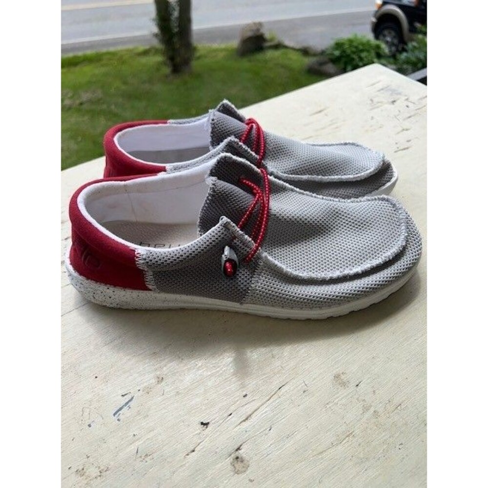 Hey Dude Wally Sox Mens Size 10 Gray Red Knit Slip On Loafers - Picture 6 of 11